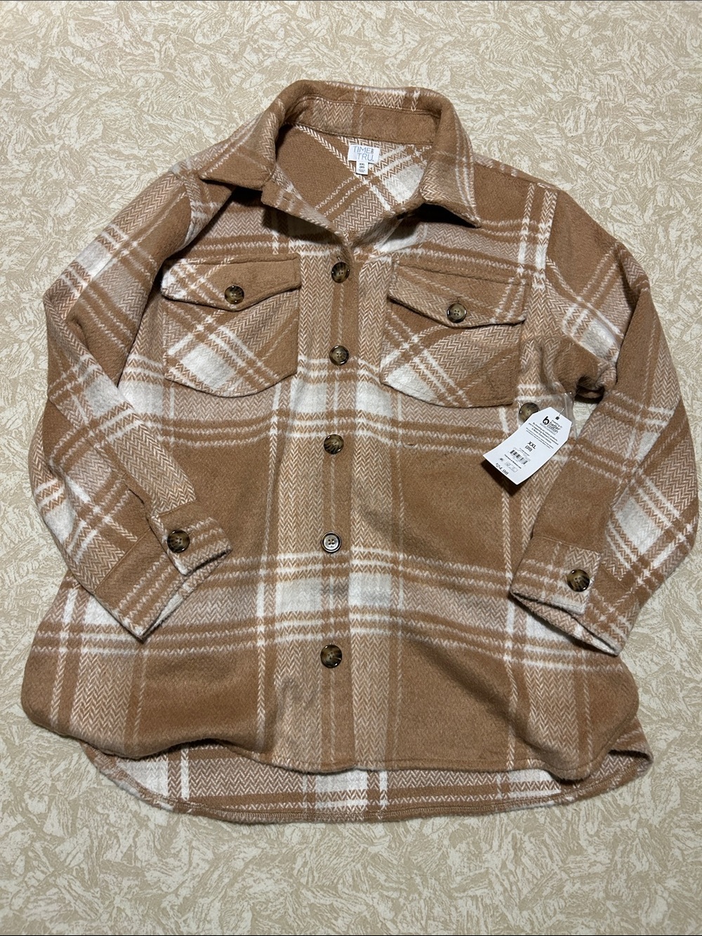 Time and Tru Camel & Ivory Plaid Button-Up Shacket XXL Button up Sweater Jacket